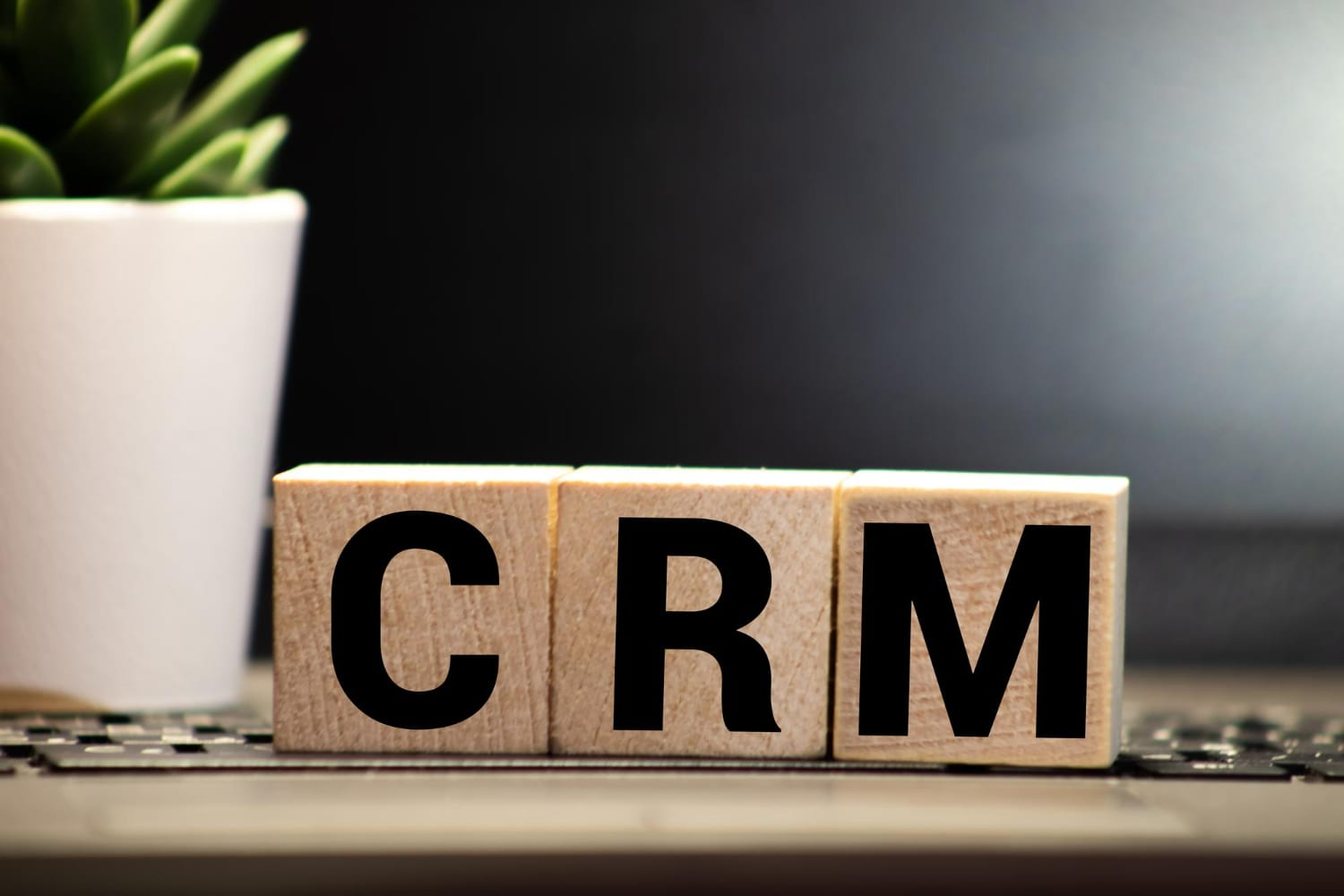 CRM 단어의 알파벳이 각 나무 블록마다 새겨져 있는 모습.