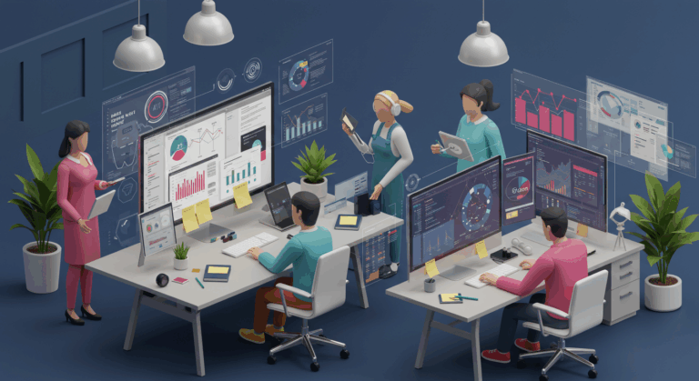 미래 CRM 마케터들이 다양한 통계, 지표 대시보드를 3D로 공중에 띄워놓고 회의를 하고 있다.