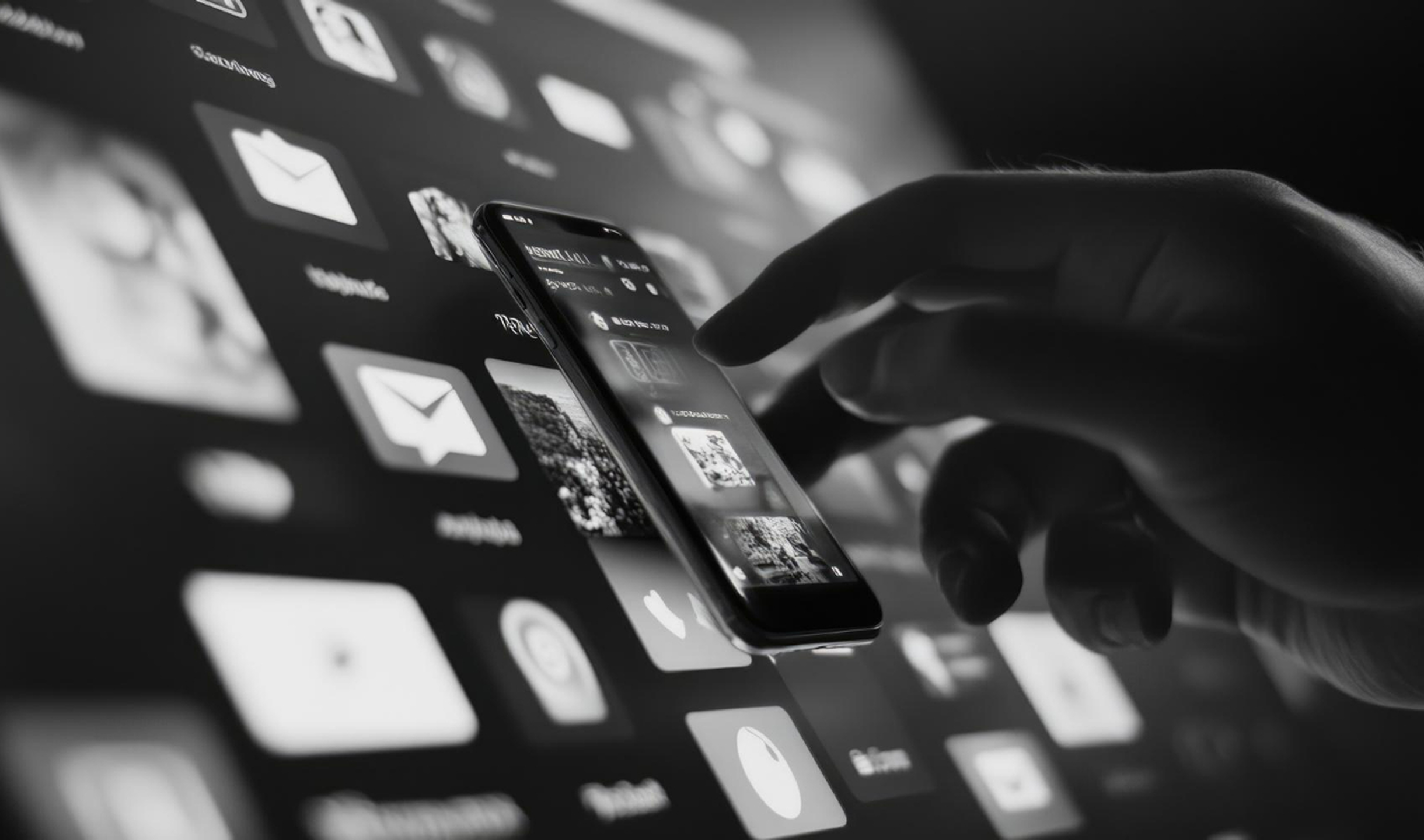 옴니채널 마케팅을 나타내는 스마트폰과 사용자의 손이 나온 흑백사진.