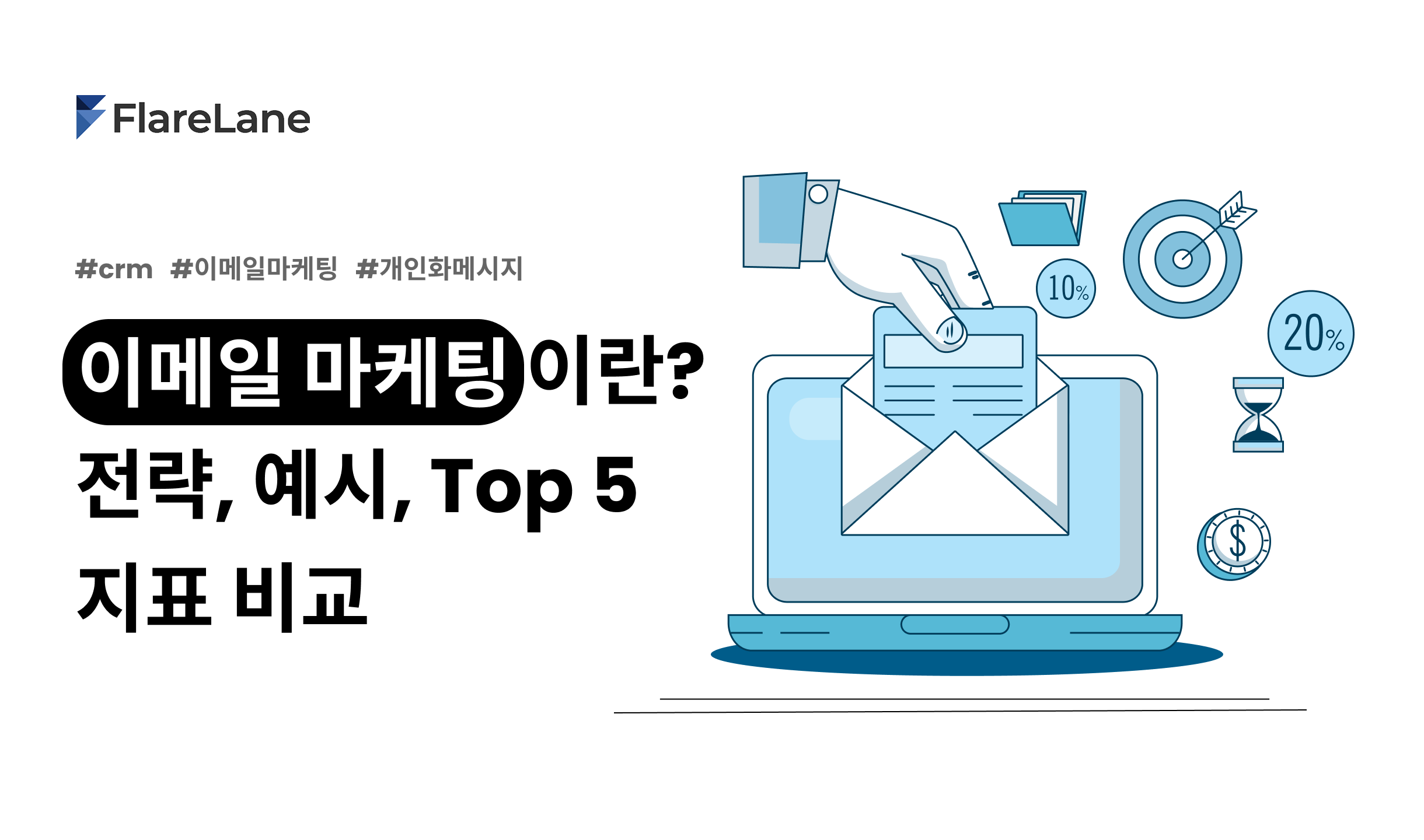 "이메일 마케팅이란? 전략, 예시, Top 5 지표 비교" 문구와 키비주얼이 적힌 플레어레인 블로그 이미지.
