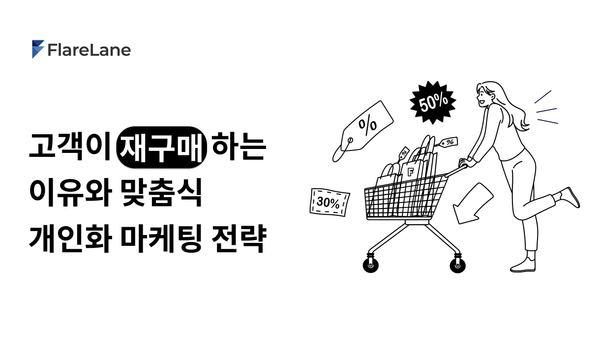 '고객이 재구매하는 이유와 맞춤식 개인화 마케팅 전략'이라는 문구, 쇼핑 카트를 끌고 있는 한 여성을 그린 일러스트가 새겨진 플레어레인 블로그의 이미지.